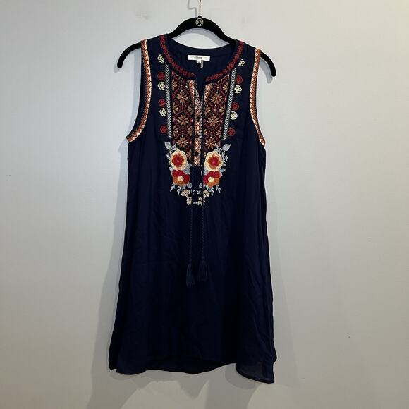 Andree By Unit Johnny Embroidered Navy dress Size Medium Floral Embroidery - Picture 1 of 6